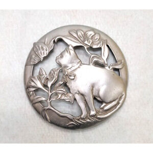 Seagull 1988 Vintage Pewter Cat Floral Scene Circle Lid ONLY 3"D